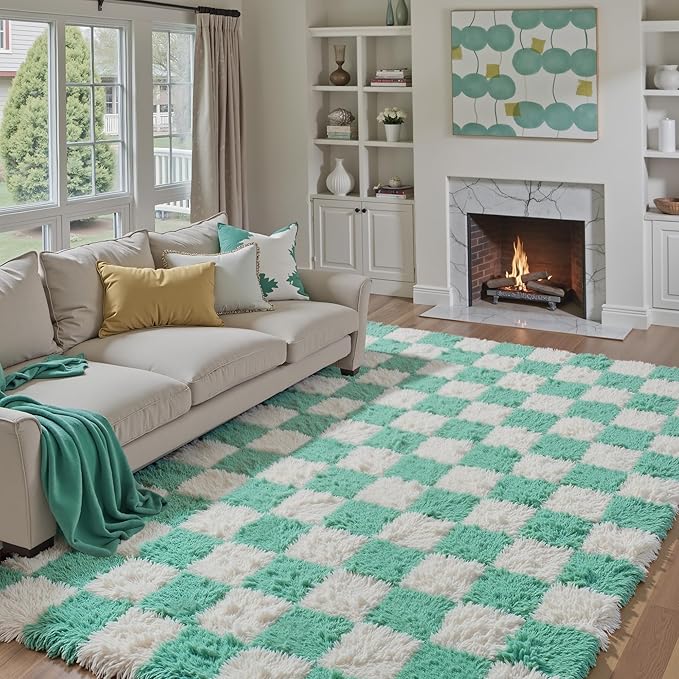Area Rugs 8x10 Clearance for Living Room, Shag Green Rug Washable Non-Slip Large Rug Super Soft Indoor Fuzzy Carpet Fluffy Rugs for Bedroom Home Aesthetic Decor