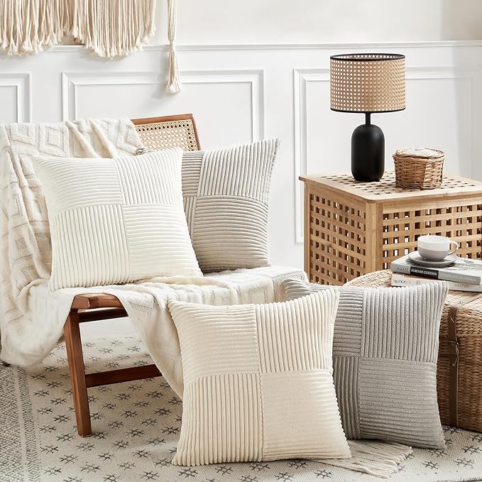 Fancy Homi 4 Packs Neutral Decorative Throw Pillow Covers 20x20 Inch for Living Room Couch Bed Sofa, Rustic Farmhouse Boho Home Decor, Soft Cross Striped Corduroy Patchwork Square Cushion Case 50x50cm