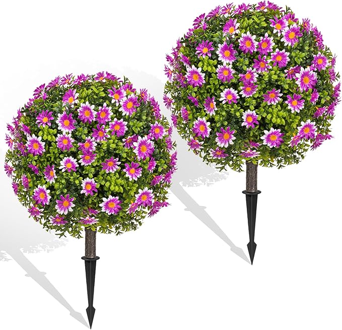 Set of 2 Artificial Topiary Ball Trees with Purple Mum, Faux Boxwoods for Outdoor Planters with Ground Spike, UV Resistant Artificial Outdoor Plants for Porch, Fake Bushes Round Shrub