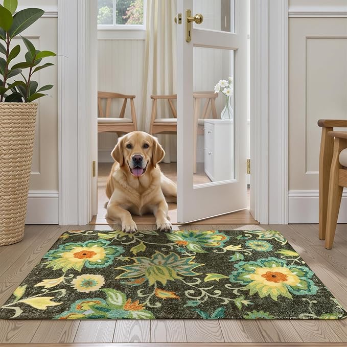 Lahome Collection Modern Floral Washable Area Rug - 2'x3' Green Small Entry Rug Accent Distressed Non-Slip Throw Floor Carpet for Door Mat Entryway Bedroom Living Laundry Room Kitchen