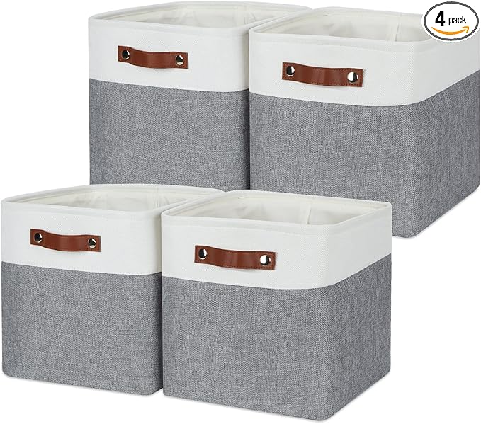 Temary Fabric Storage Baskets - 11 Inch Storage Cubes Set of 4 for Organizing, Books, Blankets (White&Gray)
