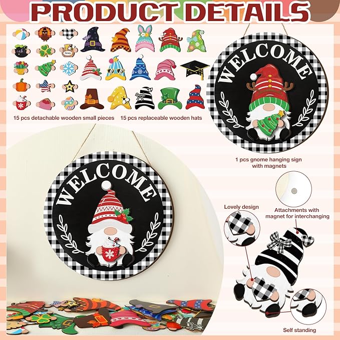 Qunclay Interchangeable Wooden Gnome Decor Holiday Seasonal Gnome Decorations with Magnet Pieces and Detachable Hats Changeable Welcome Sign for Home(Trendy Style)