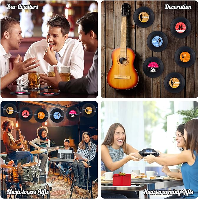 Valdivia Funny Retro Vinyl Record Coasters with Player, 6 Pcs Music Coasters for Drinks, Bars, Party, Birthday Gifts for Music Lovers, Home Decor Housewarming and White Elephant Gifts Ideas