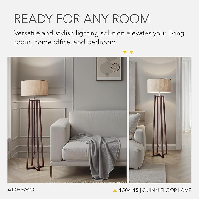 Adesso Floor Lamp with Walnut Birch Wood & Natural Linen Lampshade - 3-Way Adjustable Brightness, Lamp for Bedroom, Living Room, and House Décor, 60” x 19”