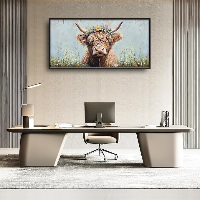 Highland Cow Framed Wall Art for Living Room, Large Cow Canvas Wall Decor, Animal Pictures Painting, Modern Artwork for Bathroom Bedroom Office 60L'' × 30W''