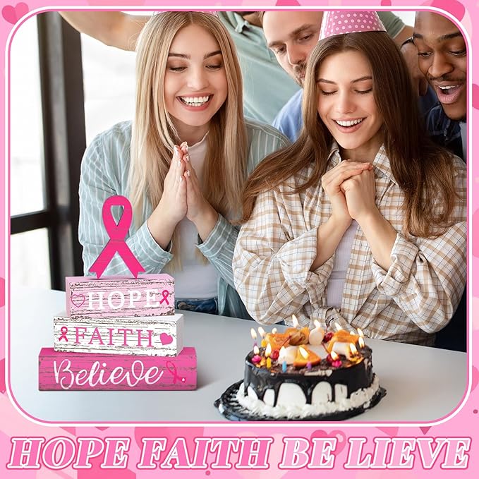Geelin 4 Pcs Breast Cancer Awareness Wooden Table Centerpiece Decorations Blocks Tiered Tray Decor Fight Cancer Theme Pink Ribbon Table Top Sign for Home
