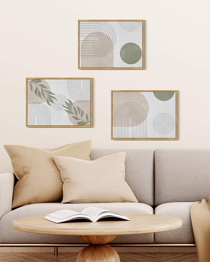 KUVIOKE Green Boho Framed Wall Art Modern Botanical Wall Printing Neutral Geometric Bohemain Sage Decor Ready to Hang 11x14in (Natural Framed)