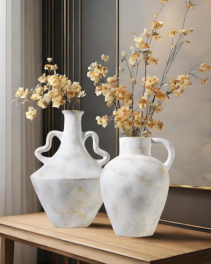 8.6 in Rustic Ceramic Farmhouse Vase with 2 Handles,Glazed Beige and Yellow Vintage Pottery Jar with Black Distressed Eroded Texture Finish,Boho for Home Decor,Tabletop,Mantel,or Living Room