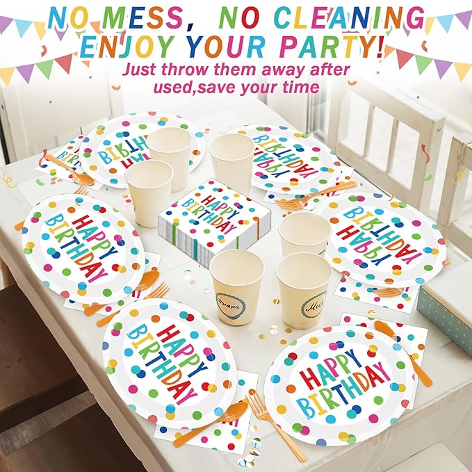 Birthday Party Oval Paper Plate 11inch Large Happy Birthdays Plates and Napkins, Colorful Dots Party Decoration Favor Dish Tray for Bday Baby Shower Holiday Gathering Supplies Tableware, 25 Guest