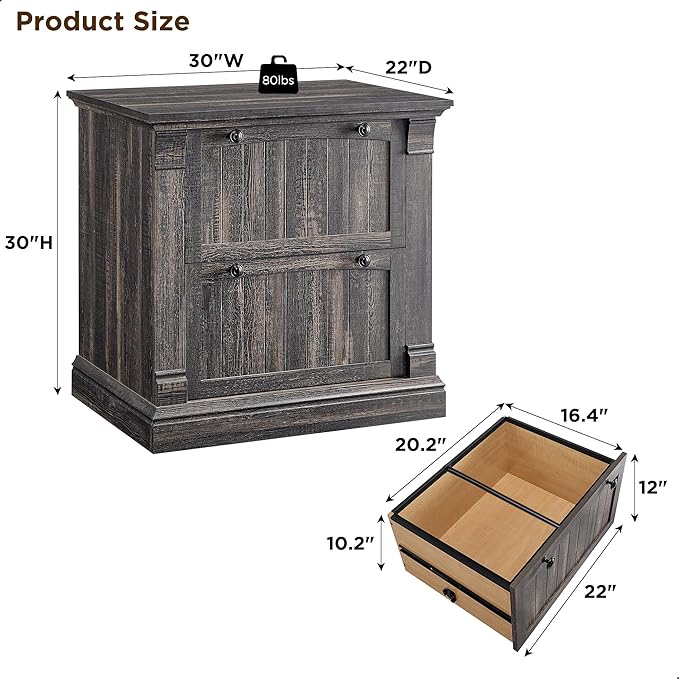 OKD Farmhouse File Cabinet with 2 Drawers, 30" Lateral Filing Cabinet, Hanging File Folders, Interlocking Drawers, Rustic Oak Wood, Brown, Home Office, Living Room, 30" x 22" x 10.2"