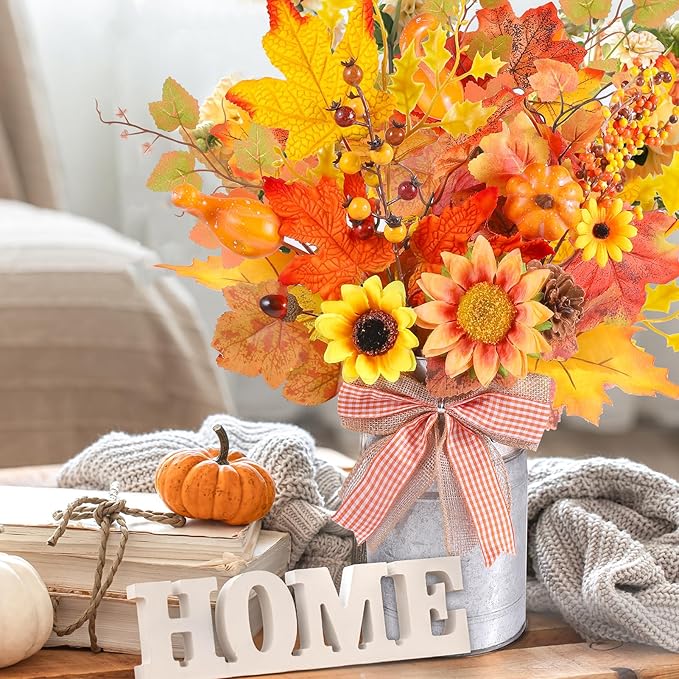 15.7" H Fall Table Decor Centerpiece Rustic Metal Vase with Artificial Pumpkin Pinecone Sunflower Berry Maple Leaf Autumn Harvest Floral Arrangement Decoration for Home Kitchen Autumn Thanksgiving
