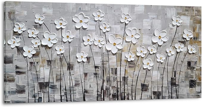Yihui Arts Flower Canvas Wall Art Hand Painted Large 3D Grey and White Painting Modern Abstract Aesthetic Pictures Artwork for Living Room Bedroom Kithchen Decoration