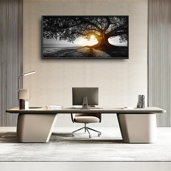 Olivine Tree Wall Art, Sunset Pictures Wall Decor, Black And White Painting, Nature Scenery Canvas Prints, Framed Artwork for Bathroom Bedroom Living Room Office Home Decoration 60"x30"