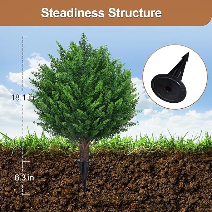 21" Artificial Cedar Topiary Ball Trees with Ground Spike Set of 2 - UV Resistant Faux Shrubs & Bushes Potted Plants for Outdoor Indoor Front Porch Garden