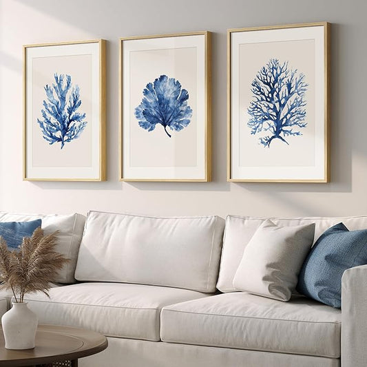 Framed Coastal Coral Wall Art for Living Room, Large Navy Blue Watercolor Coral Artwork for Walls, 3 Piece Minimalist Ocean Beach Marine Plants Pictures Prints for Bedroom Hallway Wall Decor, 16x24 In