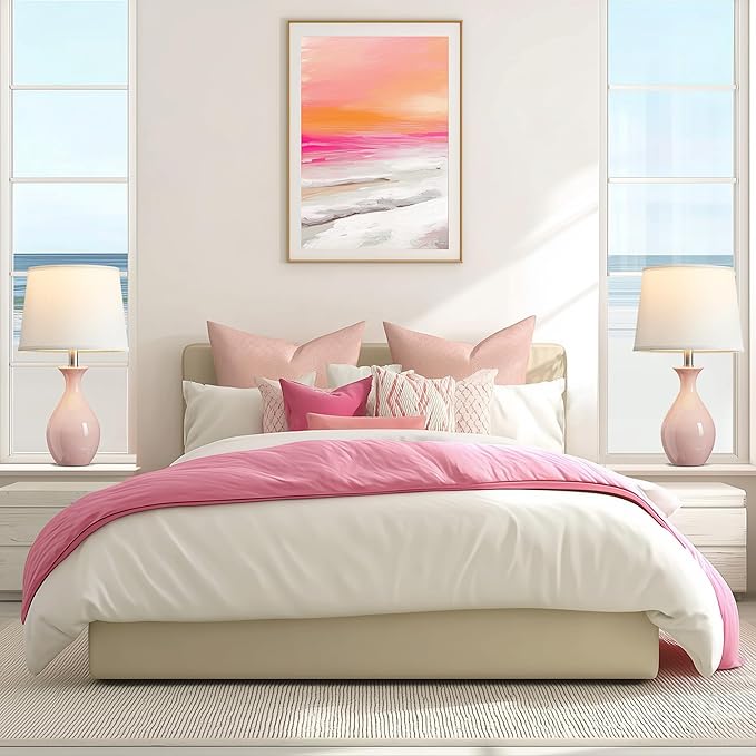 PARTPHONER Table Lamp Set of 2, Modern Ceramic Bedside Lamps for Night Stands, Classic Small Lamp Nightstand Lamp for Bedroom Living Room Desk End Table Rocker Swtich Pink