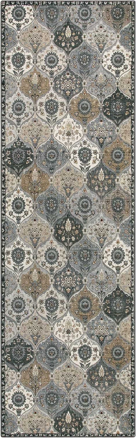 Lahome Moroccan Trellis Washable Runner Rug, 2x6 Runners for Hallways 6 Feet Non Slip Vintage Laundry Room Rug Vintage Ultra-Thin Long Carpet for Kitchen Bedroom, Grey