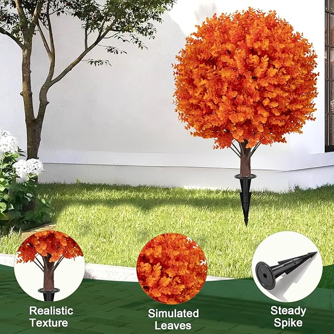 Artificial Orange Boxwood Topiary Ball Bush for Outdoor with Spike, Set of 2 UV Resistant Fall Faux Plant Boxwood Ball Tree with Stake Weatherproof Fake Round Topiary Shrub for Front Porch