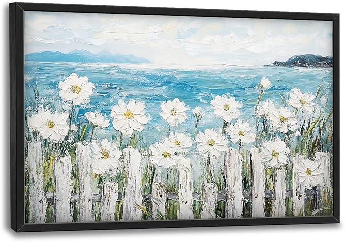 Large Coastal Ocean Wall Art for Living Room, Coastline Beach Flower Oversized Wall Decor Pictures, Nature Seascape Framed Canvas Print Painting, Modern Artwork for Bedroom Office Home Decor 36"x24"