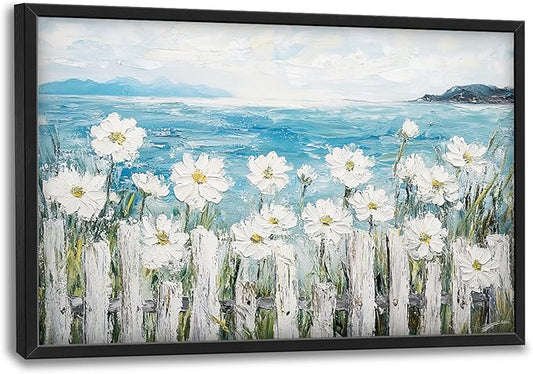 Large Coastal Ocean Wall Art for Living Room, Coastline Beach Flower Oversized Wall Decor Pictures, Nature Seascape Framed Canvas Print Painting, Modern Artwork for Bedroom Office Home Decor 36"x24"
