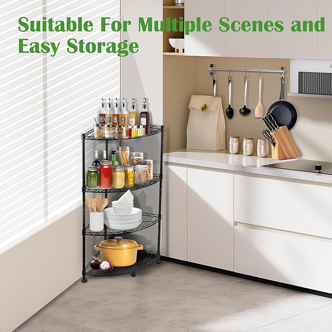 4-Shelf Carbon Steel Corner Storage Shelves with Adjustable Sturdy Wire Shelving Unit, Bookshelf Display Racks Organizer for Bedroom Living Room Kitchen Garage Pantry Closet (Max Load 120kg/265lbs)