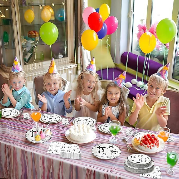 180Pcs Black Bow Birthday Party Supplies Paper Plates and Napkins Serve 60 Disposable Tableware Set for Birthday Party Decorations Game Day Family School Holiday Sports Events
