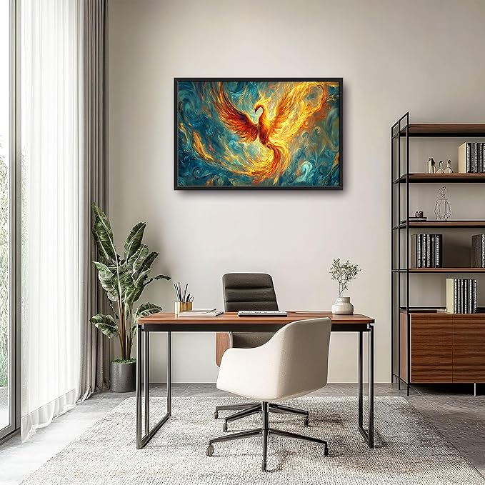 Large Phoenix Wall Art for Living Room, Fire Phoenix Oversized Wall Decor Pictures, Abstract Bird Framed Canvas Print Painting, Modern Artwork for Bedroom Office Home Decor 36"x24"