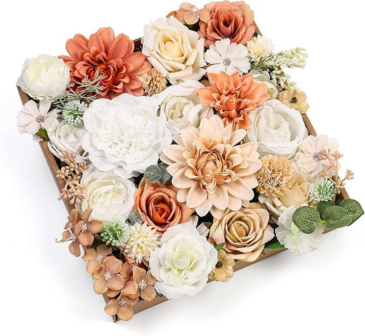 Serra Flora Artificial Flowers Combo Dahlia 34pcs Silk Mix Fake Flowers Roses for DIY Wedding Bouquets Combo Centerpieces Arrangements Party Bridal Baby Shower Home Decorations(White Pink)