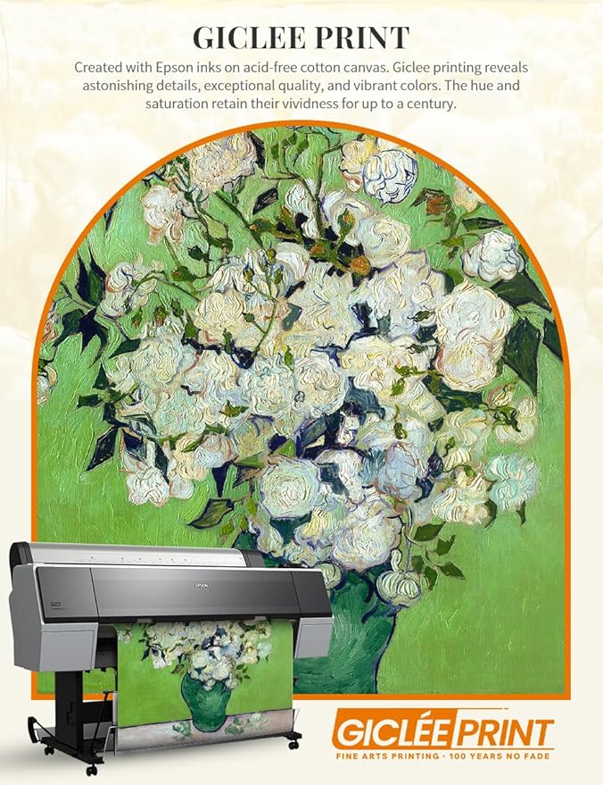 DECORARTS - Vincent van Gogh's Pink Roses in a Vase, Museum-Quality Giclee Canvas Print in Gold Solid Wood Frame, 34.75 x 28.75 in, Ready to Hang, Made in USA