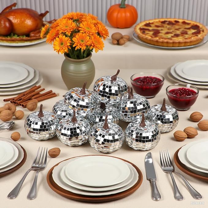 winemana 12 Pack Silver Pumpkin Fall Decor, Foam Glitter Pumpkins for Decorating Mini Artificial Craft Pumpkins for Thanksgiving Table Party Harvest Decorations