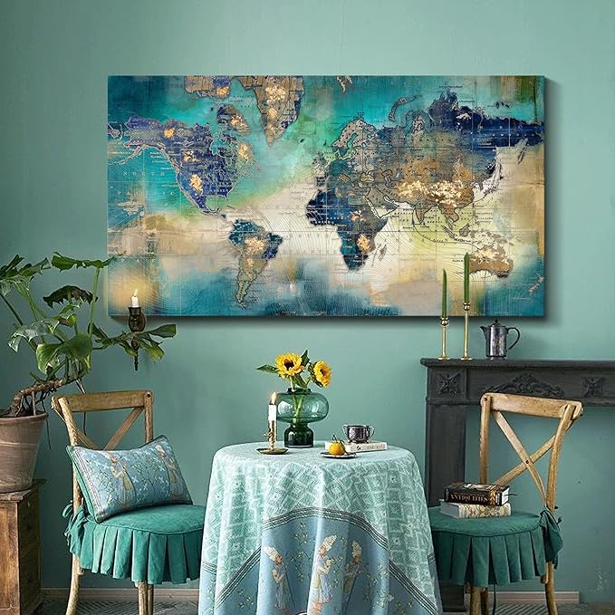 Large World Map Canvas Prints Wall Art for Living Room Office "24x48" Green World Map Picture Artwork Decor for Home Decoration