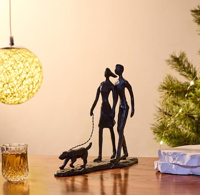 Couple and Dog Cast Iron Sculpture, Romantic Couple Love Metal Art Decor, Family Love Statue, Dog Lover Gifts for Couple