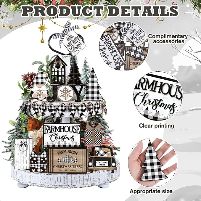 17 Pcs Christmas Tiered Tray Decor Set Winter Tiered Tray Decorations Farmhouse Tabletop Centerpiece Christmas Wooden 3D Sign for Xmas Home Buffalo Plaid Rustic Table Decoration(Gnome)