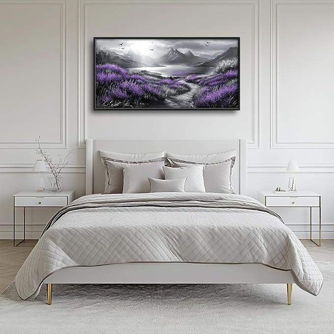 Olivine Large Wall Art, Landscape Pictures Wall Decor, Black And White Mountain Painting, Purple Nature Scenery Canvas Prints, Framed Artwork for Living Room Bedroom Bathroom Office Home 60"x30"