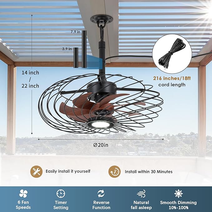 20" Outdoor Ceiling Fan with Light, Waterproof Gazebo Fan Remote Control, Dimmable LED Light, Hanging Black Caged Ceiling Fixtures with Plug in Cord for Patios Pergola