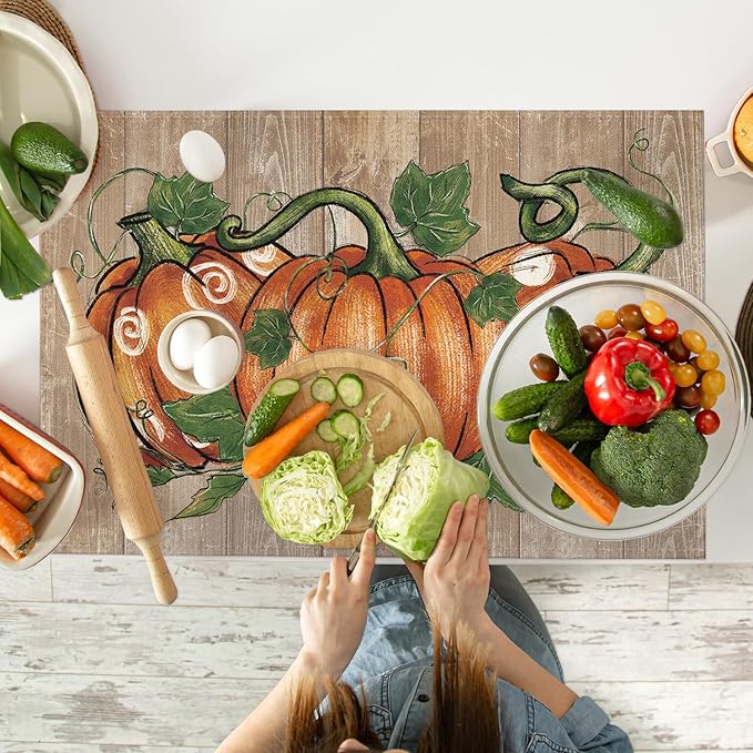 Artoid Mode Wood Pumpkins Fall Placemats, 24x36 Inch Extra Large Table Mats for Kitchen Countertop Protector Dining Decoration