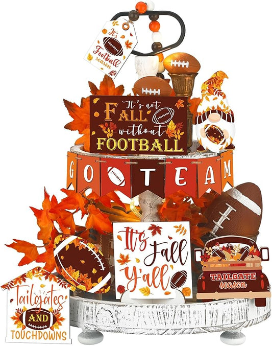 Sumind 15 Pcs Fall Tiered Tray Decor Set Fall Decorations for Home Autumn Wood Signs Thanksgiving Orange Brown Table Signs Farmhouse Wooden Maple Pumpkin Gnomes Tabletop for Festival(Football)