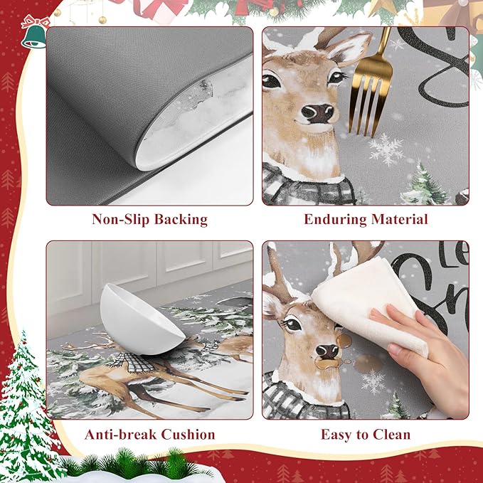 SHACOS Christmas Kitchen Rugs Set of 2 Anti-Fatigue Kitchen Mats Cushioned Christmas Deer Forest Trees Farmhouse Kitchen Mats and Rugs for Xmas 17x27.5+17x47, Forest Deer