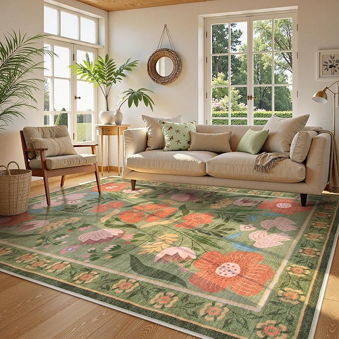 Beeiva 8x10 Washable Rug, Soft Floral Green Rugs for Living Room Indoor, Large Soft Low Pile Flower Carpet for Playroom Kids Dining Room Clasroom Dorm Décor (Green,8'x10')