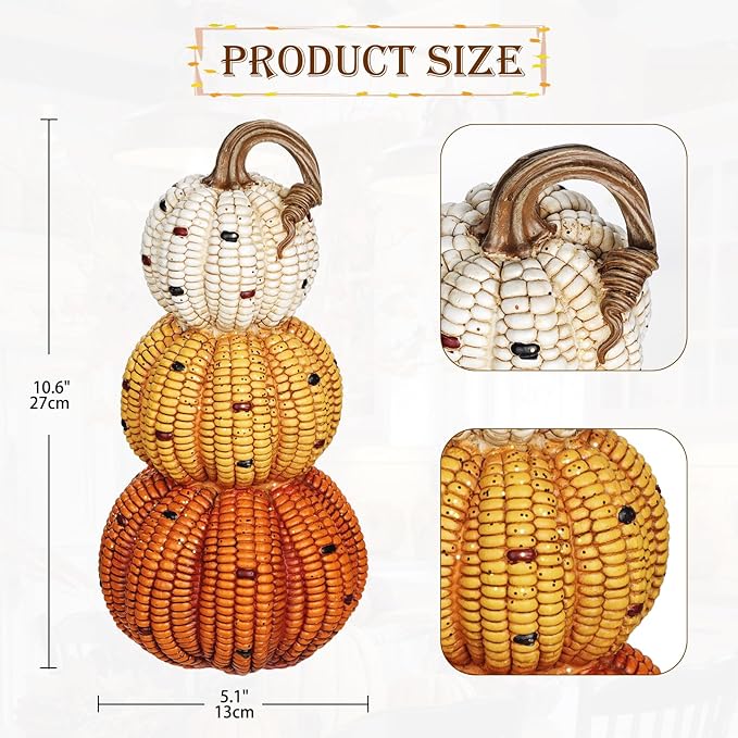 Briful Fall Stacked Corn Pumpkin Decoration – 10.6" Tall Resin Pumpkins Rustic Harvest Faux Pumpkin Decor for Thanksgiving Tabletop Centerpiece Outdoor Indoor Autumn Decor