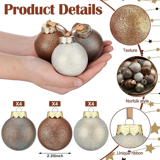 24 Pcs Neutral Textured Christmas Ball Ornaments 2.36'' Vintage Christmas Tree Decor Modern Rustic Brown Ornaments with Loop Shatterproof Hanging Ball for Xmas Farmhouse Decor (Earth Color)
