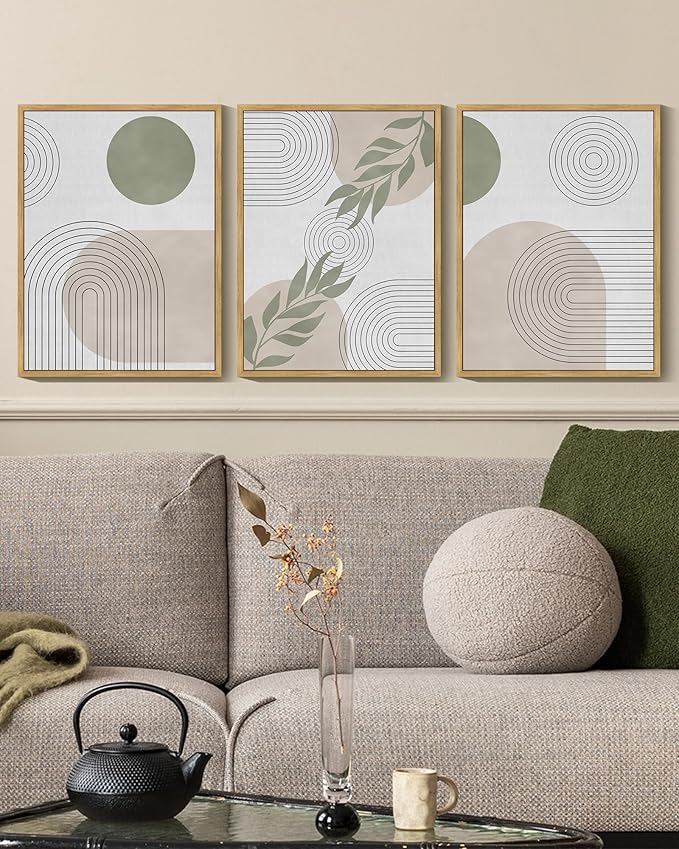 KUVIOKE Green Boho Framed Wall Art Modern Botanical Wall Printing Neutral Geometric Bohemain Sage Decor Ready to Hang 11x14in (Natural Framed)