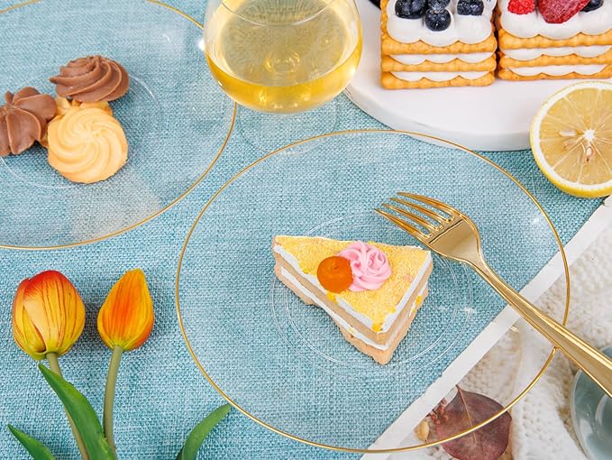 Nervure 100Pieces Clear and Gold Rim Plastic Plates - 7.5inch Disposabl Salad Dessert Plate - Clear and Gold Party Plates Ideal for Wedding & Party & Thanksgiving