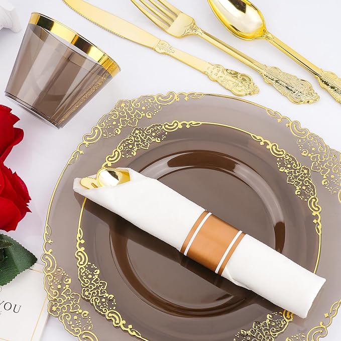 350 PCS Black and Gold Plastic Plates, Disposable Dinnerware Set for 50 Guests, 100 Disposable Plates, 150 Silverwares, 50 Cups, 50 Napkins for Wedding, Party, Graduation