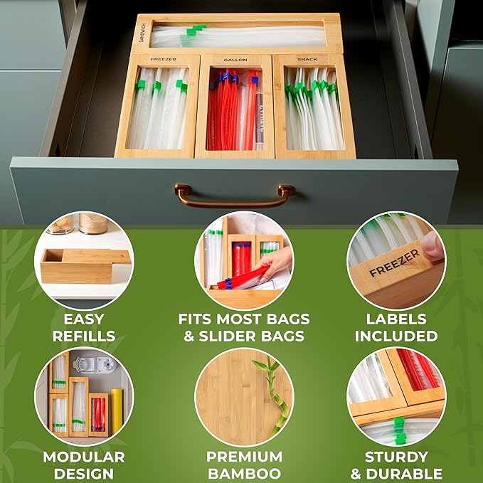 Storage Bag Organizer, Bamboo Baggie Organizer for Drawer, 4 Modular Blocks with Labels, Plastic Bag Storage Organizer, Quick Refill, Compatible with Gallon, Quart, Sandwich, Snack size bags