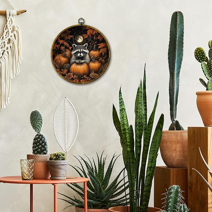 Mcehtle Moody Fall Raccoon and Pumpkins Wall Art Decor, Vintage Autumn Nature Cozy Fall Framed Canvas Prints 10x10, Rustic Woodland Scene Round Wall Hanging Artwork Decorations for Home Living Room