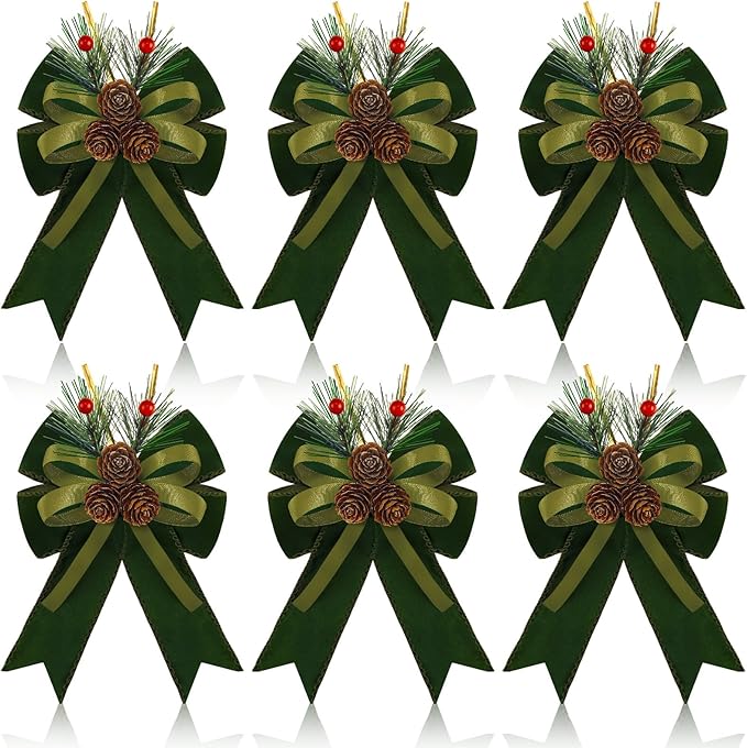Syhood 6 Pcs Christmas Bows with Pine Cones Pine Needles Xmas Velvet Bows Sage Green Ribbon Christmas Tree Wreath Decoration for Xmas Parties Indoor Outdoor Crafts DIY Decor