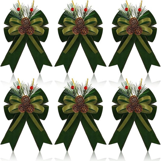 Syhood 6 Pcs Christmas Bows with Pine Cones Pine Needles Xmas Velvet Bows Sage Green Ribbon Christmas Tree Wreath Decoration for Xmas Parties Indoor Outdoor Crafts DIY Decor