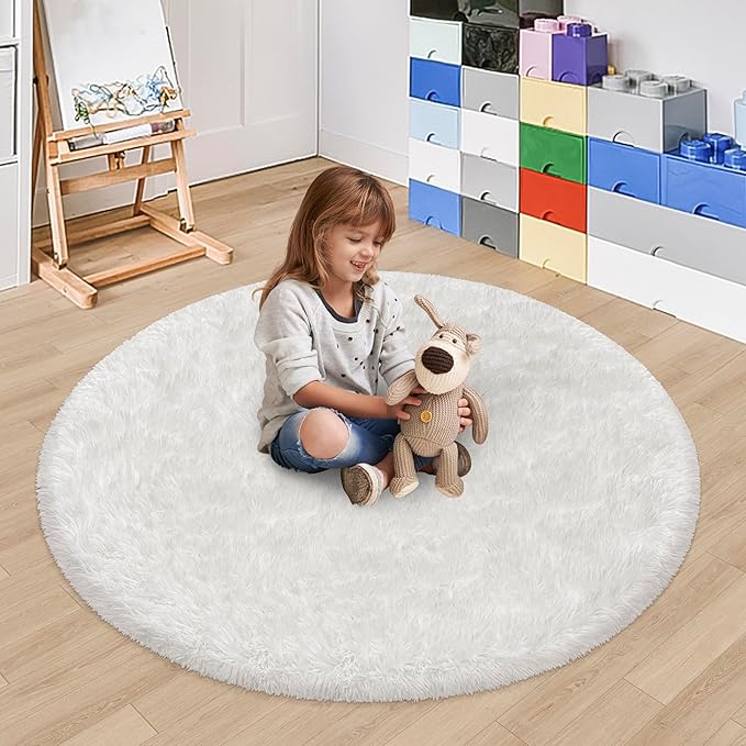 4x4 ft Tie Dye White Round Rug for Bedroom Room Fluffy Circle Rug Furry Carpet Shaggy Circular Fuzzy Washable Non-Slip Large Area Rug Soft Indoor for Living Room Cute Aesthetic Home Decor