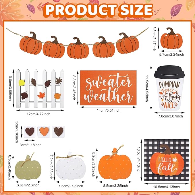 Sumind 15 Pcs Fall Tiered Tray Decor Set Fall Decorations for Home Autumn Wood Signs Thanksgiving Orange Brown Table Signs Farmhouse Wooden Maple Pumpkin Gnomes Tabletop for Festival(Pumpkin)